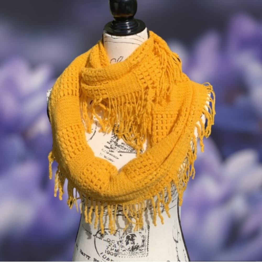 Boho Marigold Golden Yellow Fringe Crochet Knit Infinity Fringy Autumn Scarf